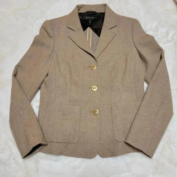 Escada Tan Knit Sweater Blazer Jacket Gold Logo Buttons Loro Piana Wool Cashmere